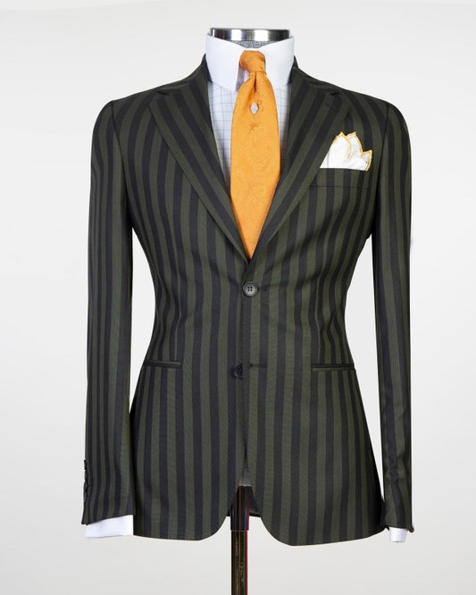 Fancy Teal Pinstriped Notch Lapel Close Fitting Business Suits