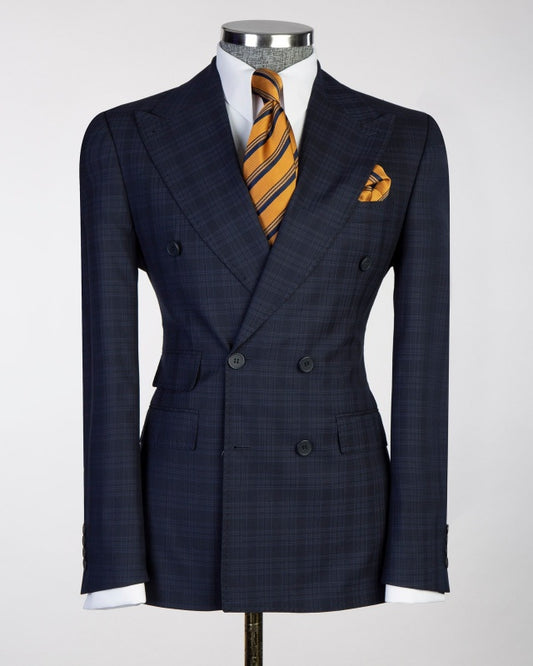 Stylish Dark Navy Double Breasted Plaid Slim Fit Business Suits