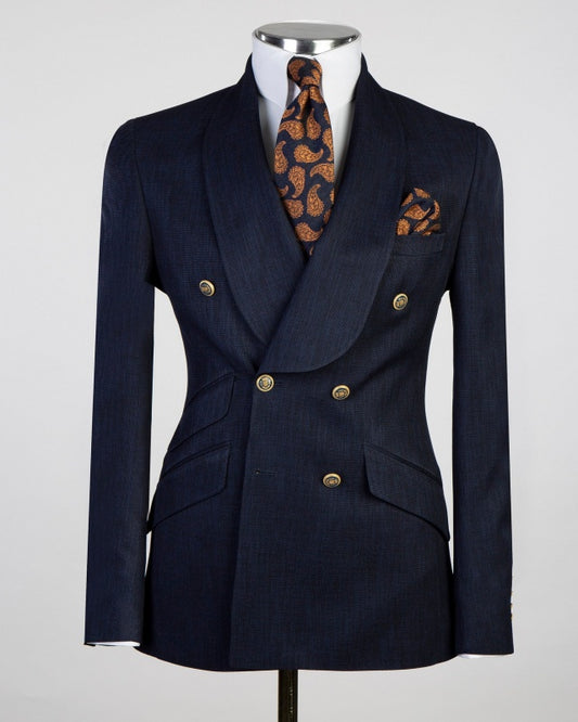 Chic Dark Navy Double Breasted Shawl Lapel Wedding Suits