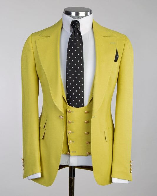 Fashion Lemon Yellow Notch Lapel 3 Pieces Prom Suits For Men