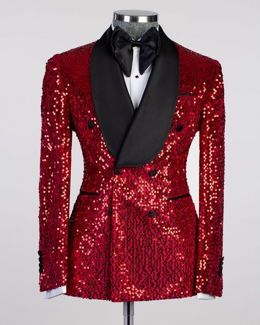 Modern Red Sequins Double Breasted Shawl Lapel Prom Men Suits