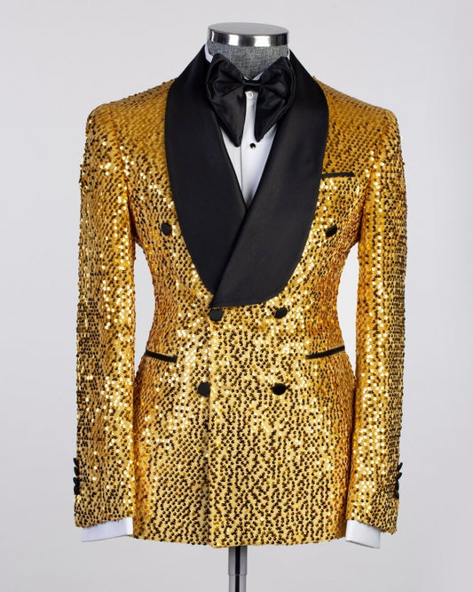 Chic Yellow Sequins Double Breasted Shawl Lapel Prom Suits