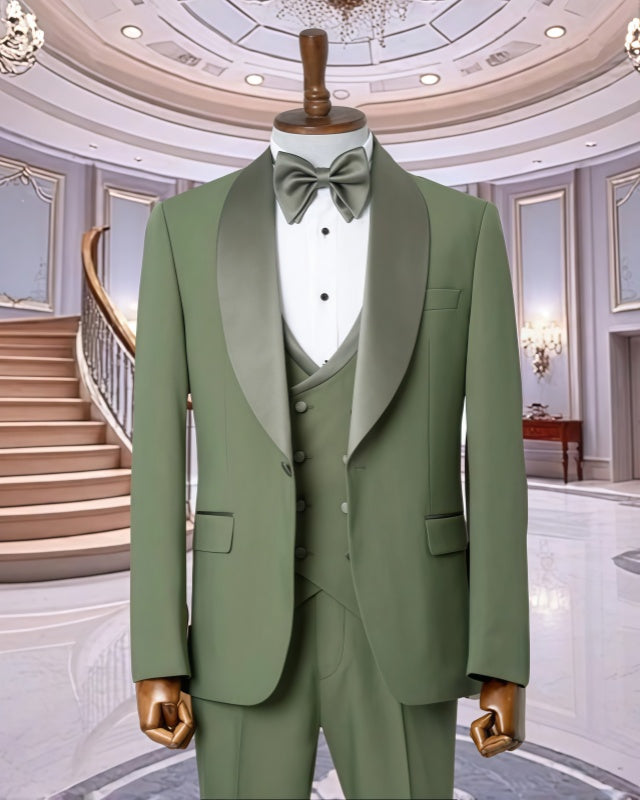 Bespoke Army Green 3 Pieces Shawl Lapel Men's Prom Suits