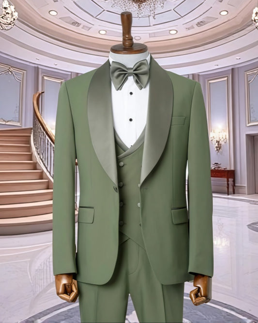 Bespoke Army Green 3 Pieces Shawl Lapel Men's Prom Suits