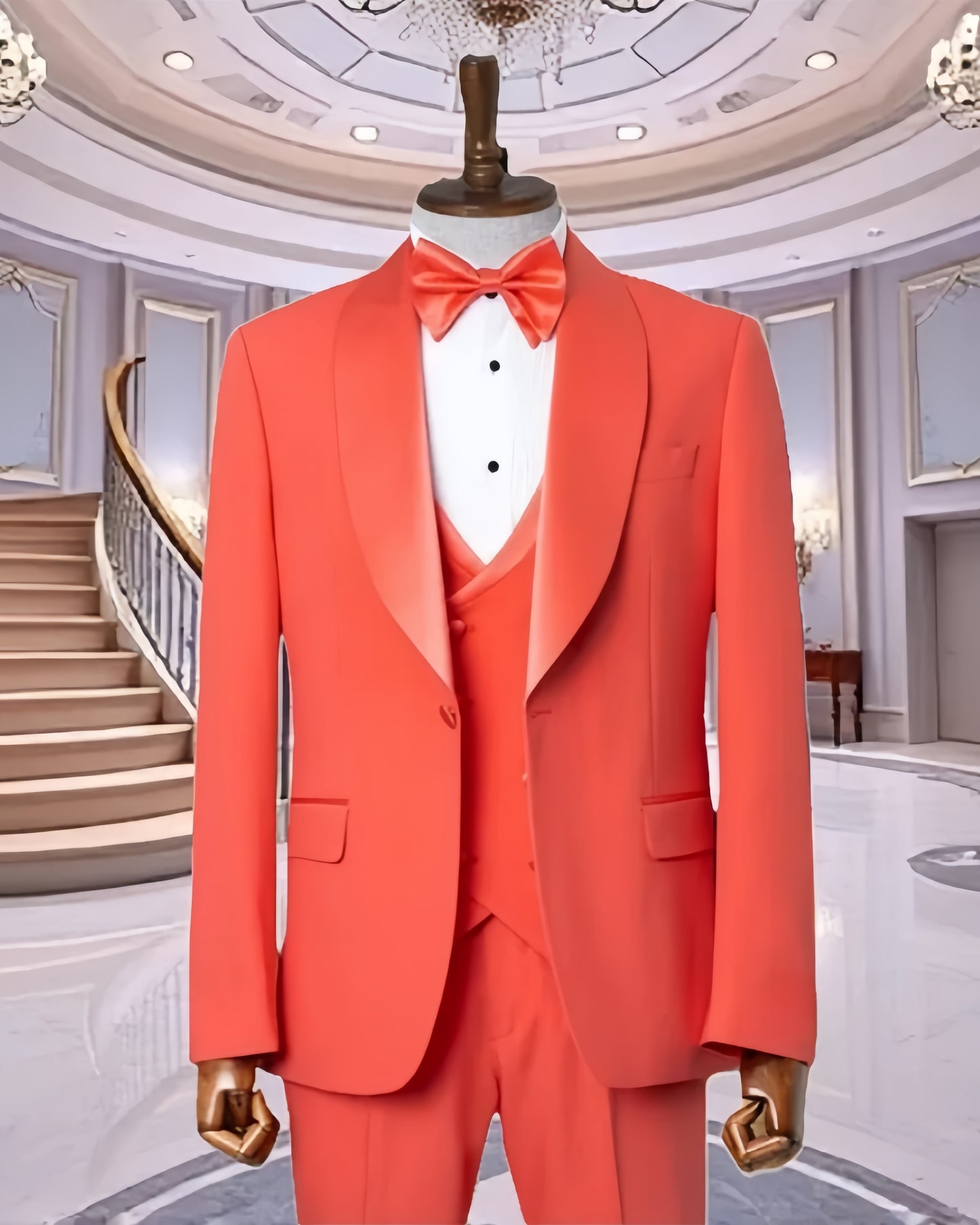 Chic Coral Red 3 Pieces Best Fitted Prom Suits With Waistcoat