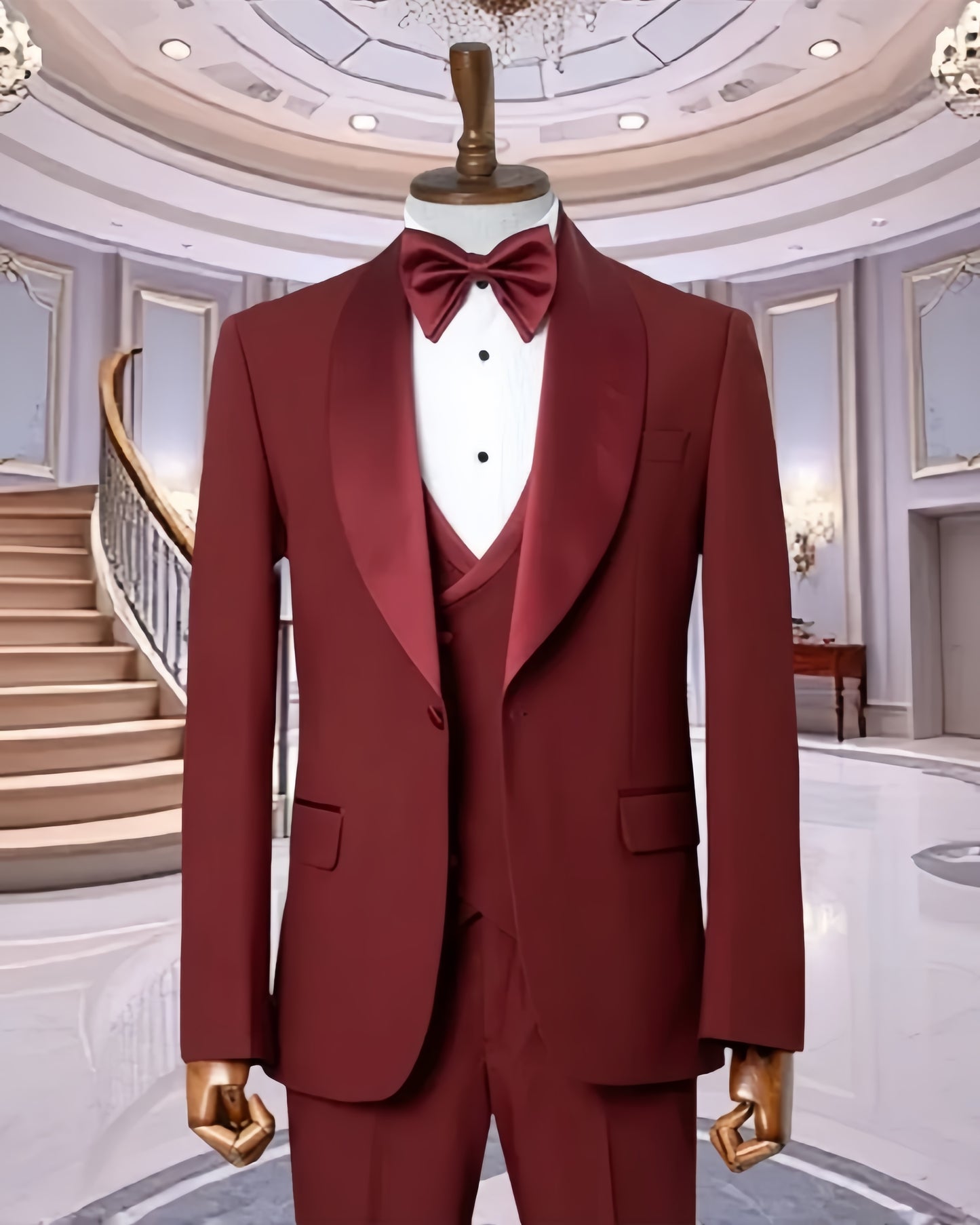 Cool Burgundy 3 Pieces Slim Fit Prom Suits With Waistcoat
