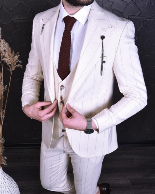 Elliot White Peaked Lapel Striped Three Pieces  Business Men Suits