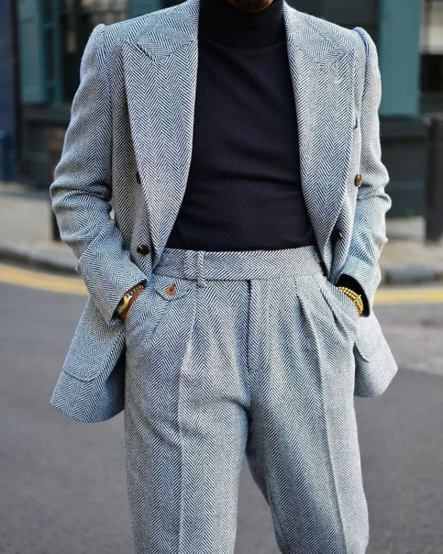 Eli Sky Blue Peaked Lapel Herringbone Prom Men Suits