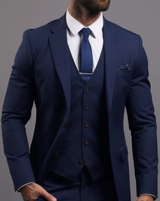 Jensen Dark Navy Notched Lapel Three Pieces Business Men Suits