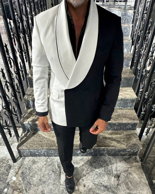 Fancy Black And White Double Breasted Shawl Lapel Prom Suits