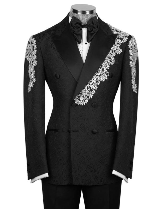 Fancy Black Jacquard Double Breasted Prom Suits With Beadings