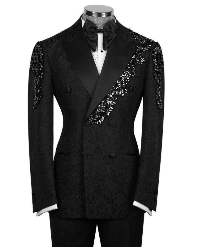 Trendy Black Jacquard Double Breasted Prom Suits With Beadings