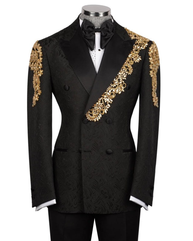 Modern Black Jacquard Double Breasted Beadings Prom Suits