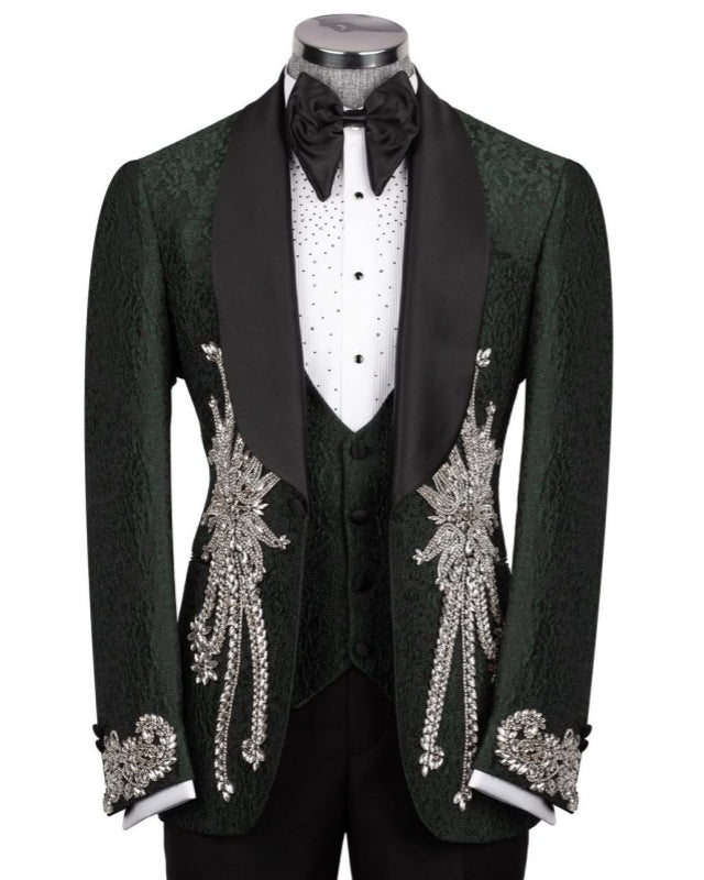 Charming Green Jacquard 3 Pieces Prom Suit With Silver Beadings