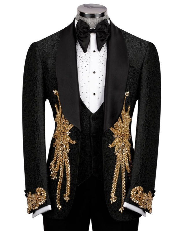 Bespoke Black Jacquard 3 Pieces Prom Suit With Golden Beadings