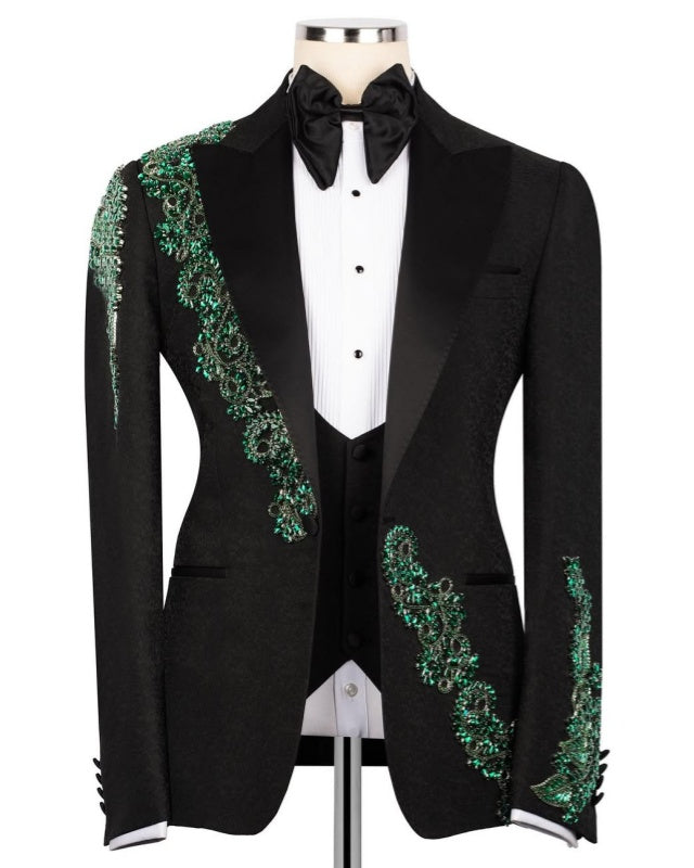 Stylish Black Jacquard 3 Pieces Best Fitted Prom Suit With Beadings
