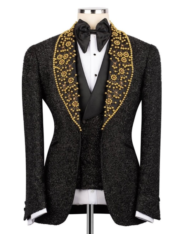 Stylish Black Sequins Three Pieces Shawl Lapel Wedding Suit With Beadings