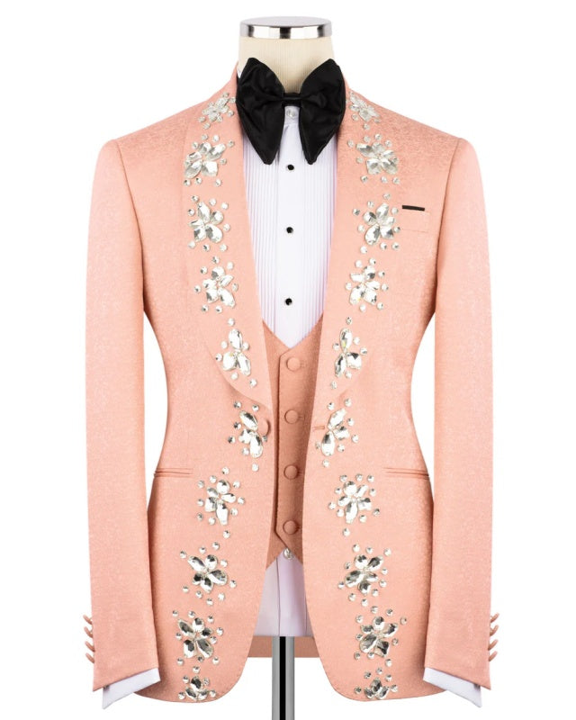 Newest Nude Pink Jacquard 3 Pieces Prom Suit With Crystals