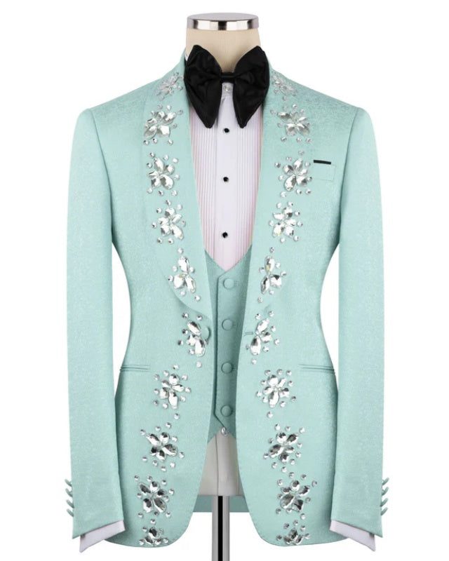 New Arrival Tiffany Blue Jacquard 3 Pieces Prom Suit With Crystals