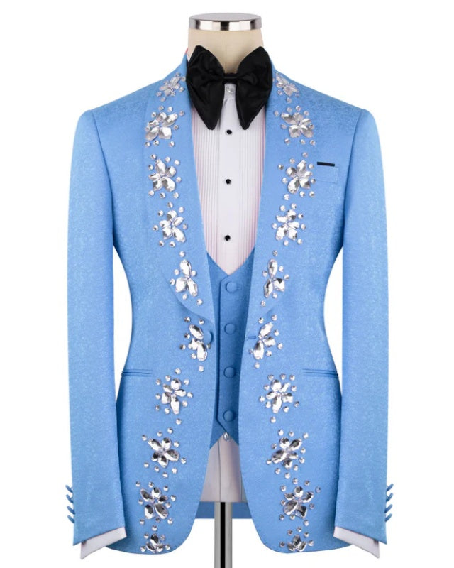 Trendy Sky Blue Jacquard 3 Pieces Prom Suit With Crystals
