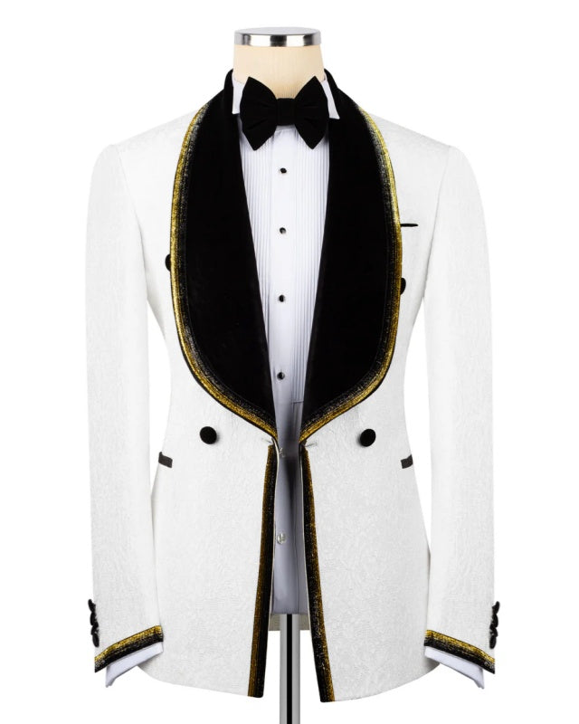 Bespoke White Jacquard Velvet Shawl Lapel Wedding Suit With Webbing