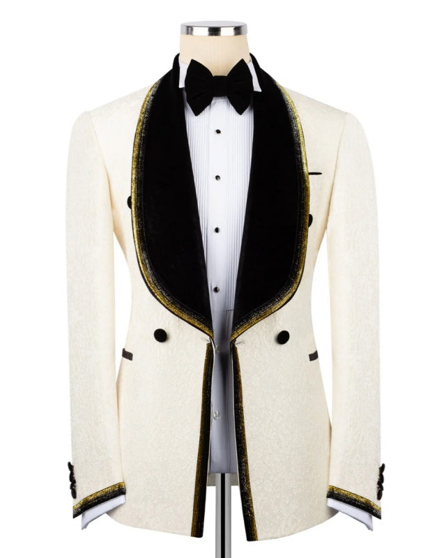 Chic Off-white Jacquard Velvet Shawl Lapel Wedding Suit With Webbing
