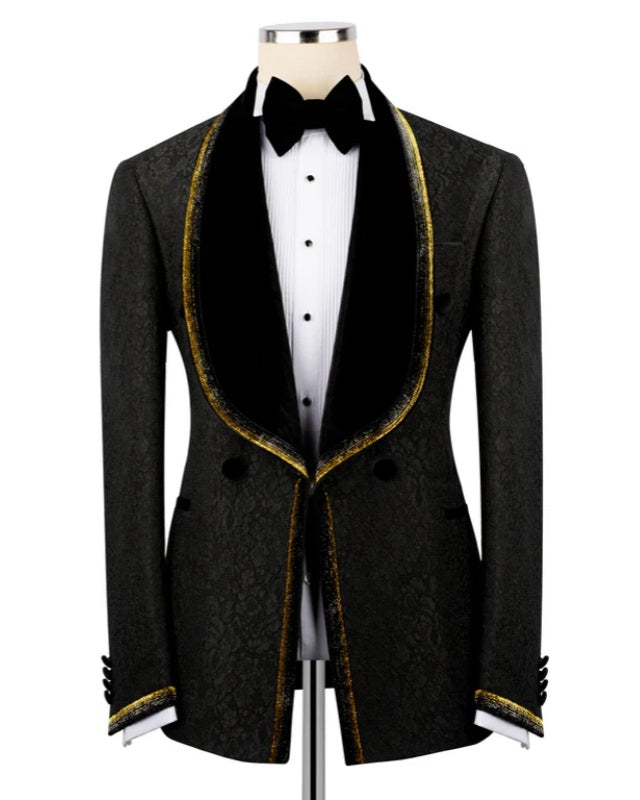 Stylish Black Jacquard Velvet Shawl Lapel Wedding Suit With Webbing