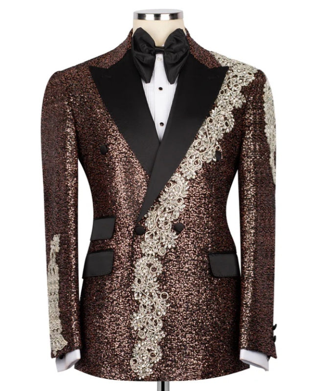 Fancy Bronze Sequins Double Breasted Beadings Prom Suit