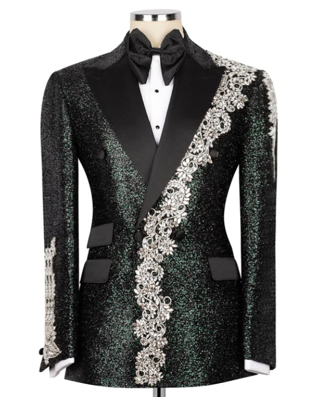 Trendy Dark Green Sequins Double Breasted Beadings Prom Suit