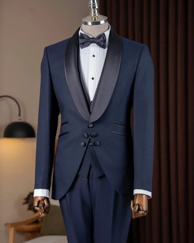 Bespoke Navy Blue 3-Pieces Shawl Lapel Wedding Men Suits
