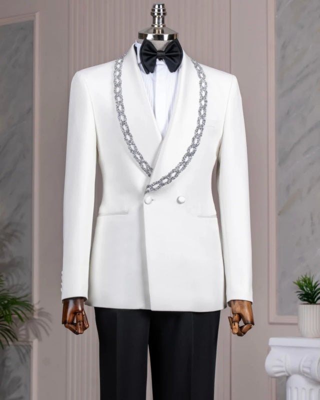 Bling White Double Breasted Wedding Men Suits With Silver Crystal
