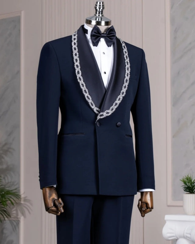 Gentle Dark Navy Double Breasted Wedding Men Suits With Silver Crystal