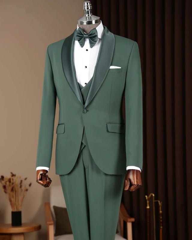 Bespoke Dark Green 3 Pieces Shawl Lapel Wedding Men Suits