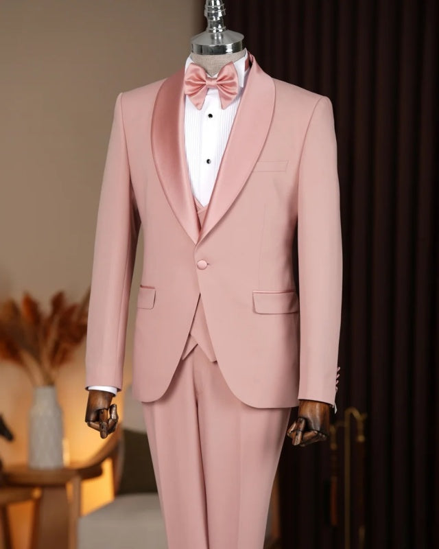 Charming Pink 3 Pieces Shawl Lapel One Button Wedding Men Suits