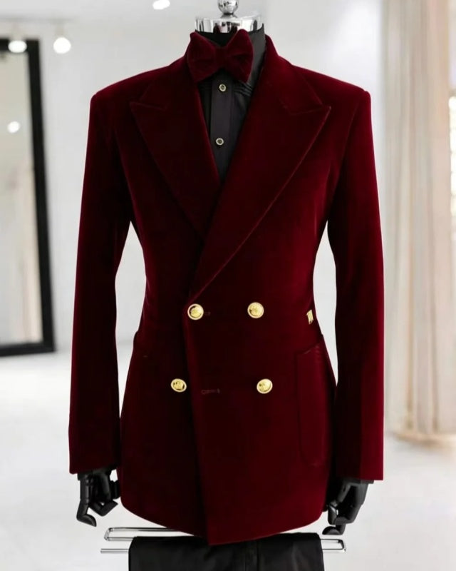Gentle Burgundy Velvet Double Breasted Men Suits with Black Pants