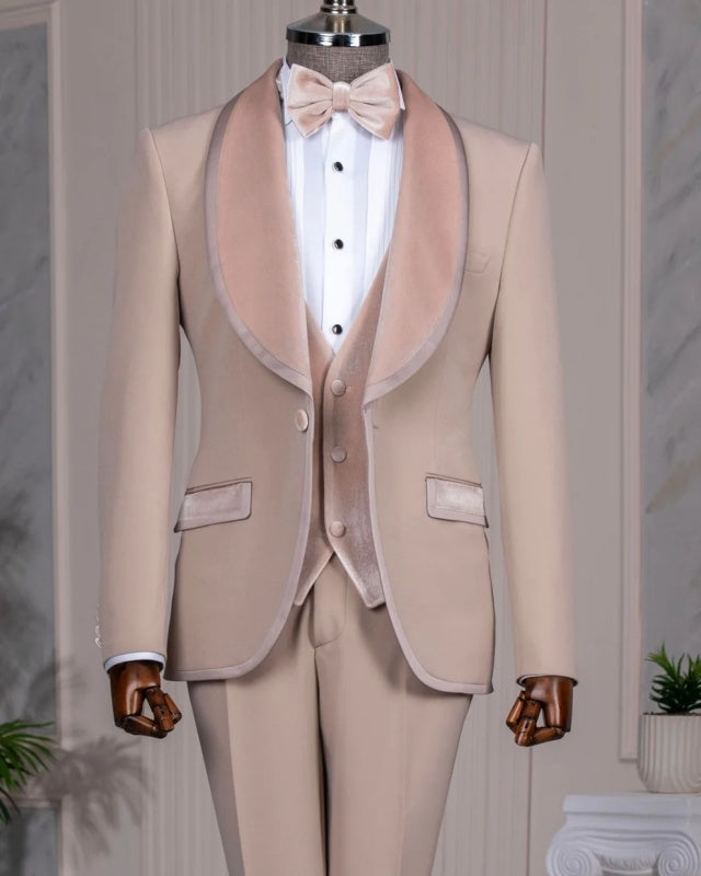 Gentle Khaki 3-Piece Wedding Men Suit With Velvet Lapel