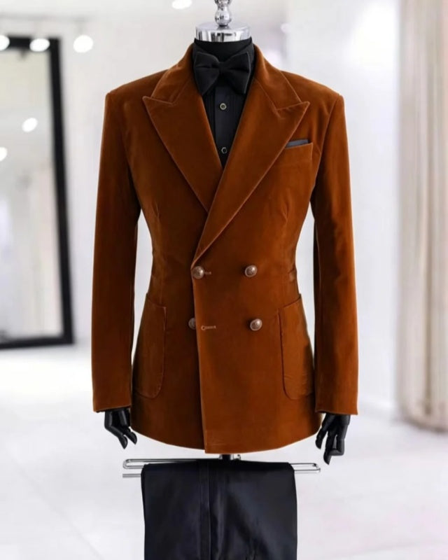 Chic Brown Velvet Double Breasted Men Suits with Black Pants