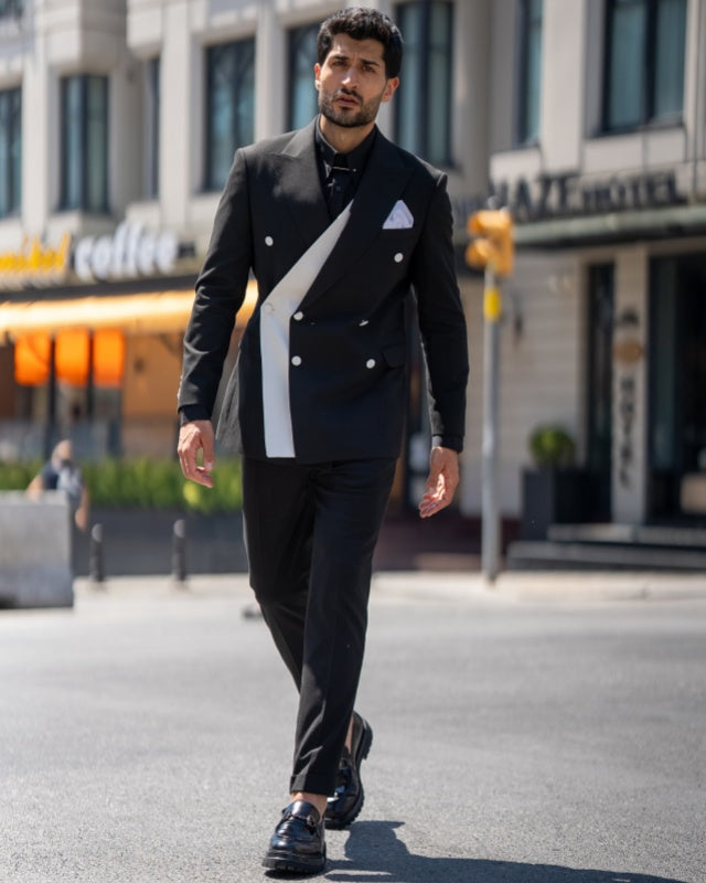 Fashion Black Double Breasted Peaked Lapel Prom Men Suits