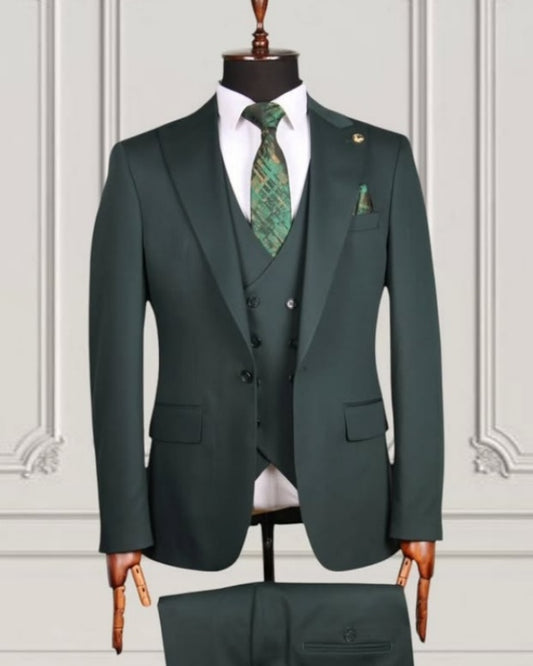 Trendy Dark Green 3 Pieces Peaked Lapel Business Suits For Men