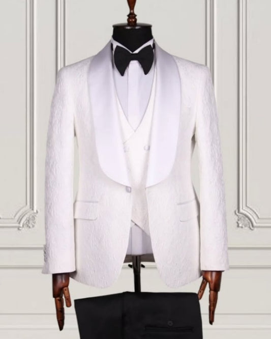 Classic White Jacquard 3 Pieces Shawl Lapel Wedding Suits For Men