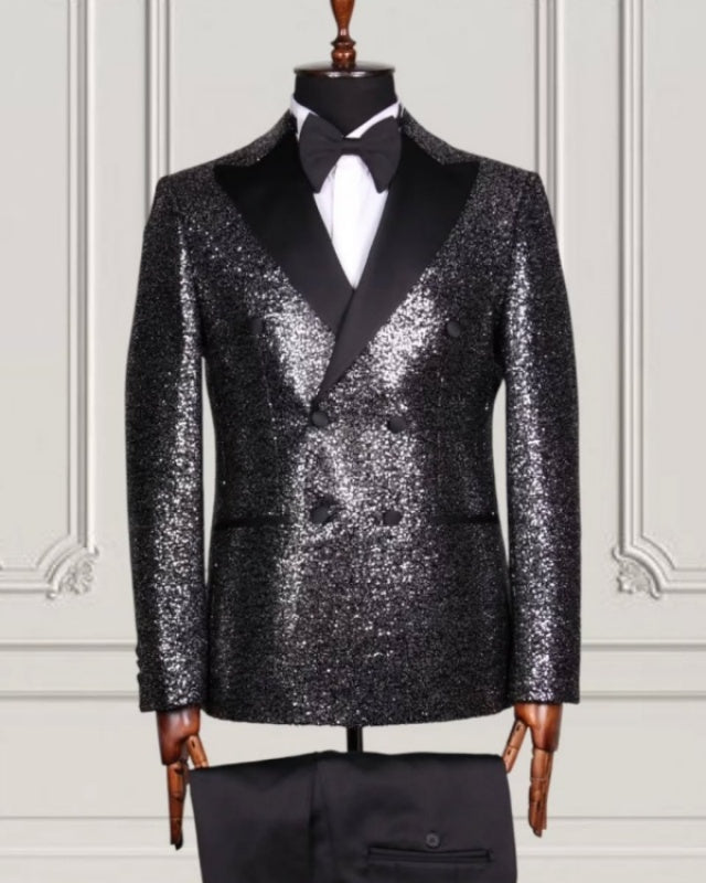 Stylish Silver Sequins Double Breasted Prom Suits For Men