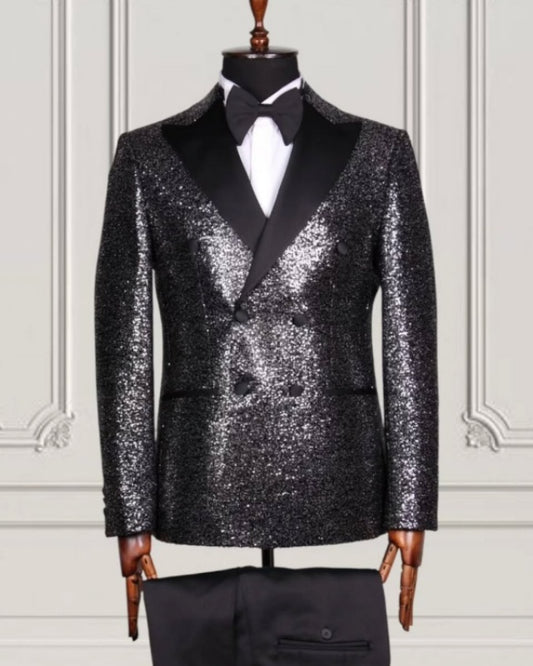 Stylish Silver Sequins Double Breasted Prom Suits For Men