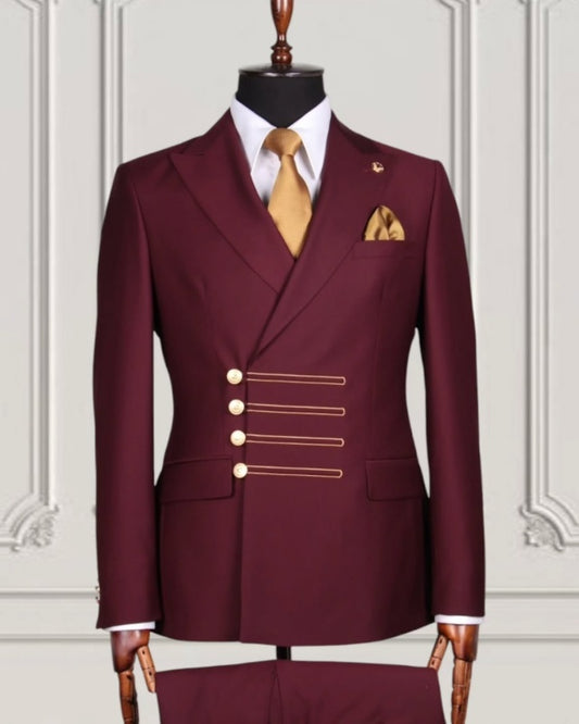 Trendy Burgundy Close Fitting Prom Suits With 4 Buttons