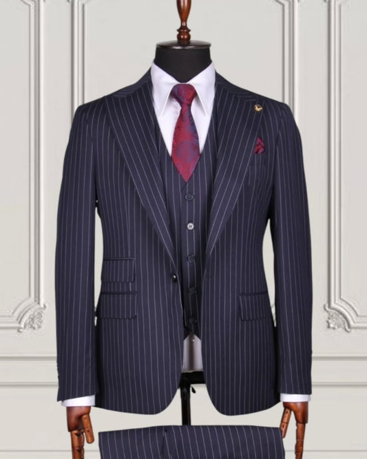 Stylish Navy Blue 3 Pieces Pinstriped Men's Business Suits
