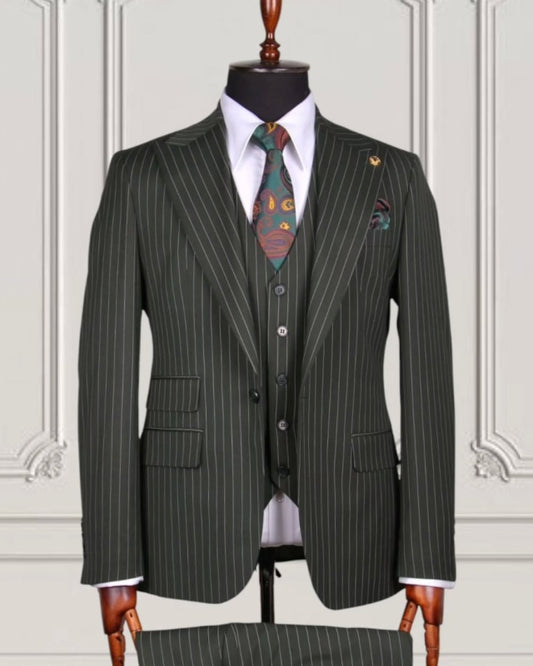 Glamorous Dark Sage Three Pieces Pinstriped Business Men Suits