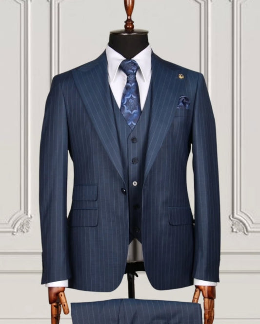 Formal Dark Blue Pinstriped Three Pieces Business Suits With Waistcoat