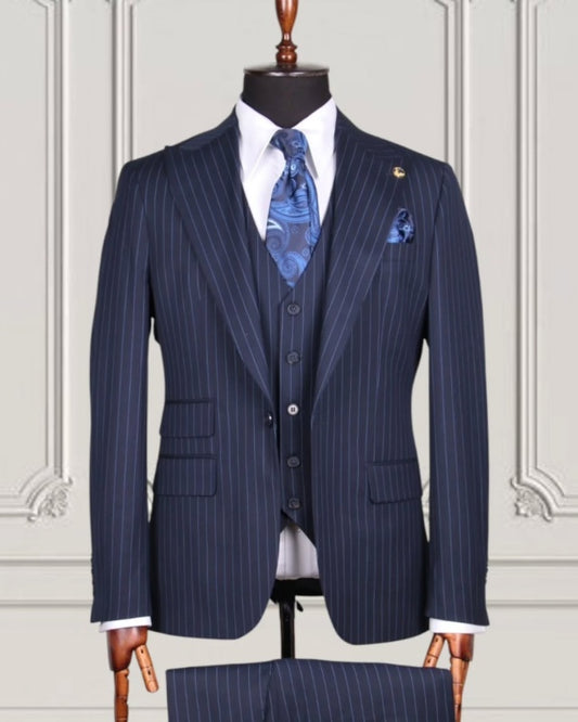 Slim Fit Dark Blue Pinstriped Three Pieces Business Men suits