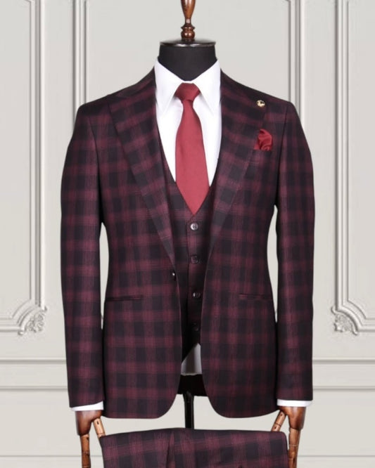 Chic Burgundy Plaid Three Pieces Close Fitting Business Suits For Men