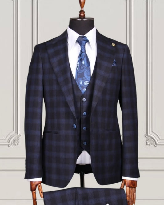 Bespoke Dark Blue Plaid 3 Pieces Best Fitted Men's Business Suits