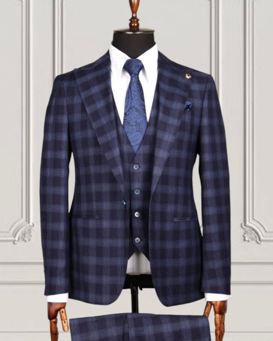 Stylish Dark Blue Plaid 3 Pieces Formal Suits For Men